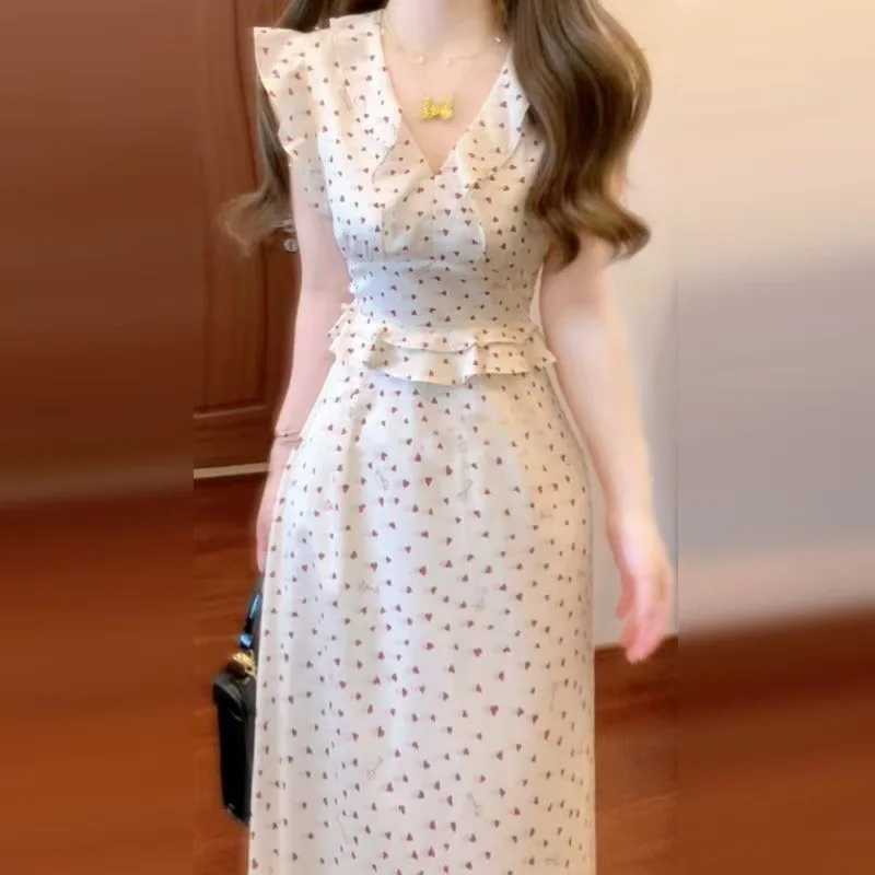 Elegant Chinese Style V-Neck Midi Dress Women Summer Slim Fit Knee-Length Polka Dot Fish Tail Dress High Waist Knitted Cotton 4