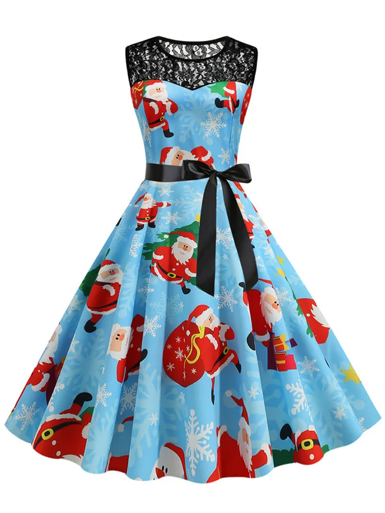 Elegant Vintage Women Christmas Dress Print Lace Patchwork Sleeveless O Neck High Waist Casual Party Costume Sundress 3