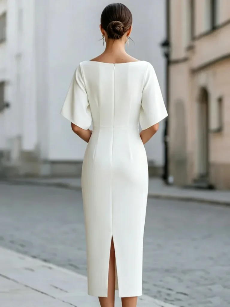 Women Boat Neck Short Sleeve Midi Bodycon Dress Elegant Formal Office Wedding Guest Pencil Dress 3