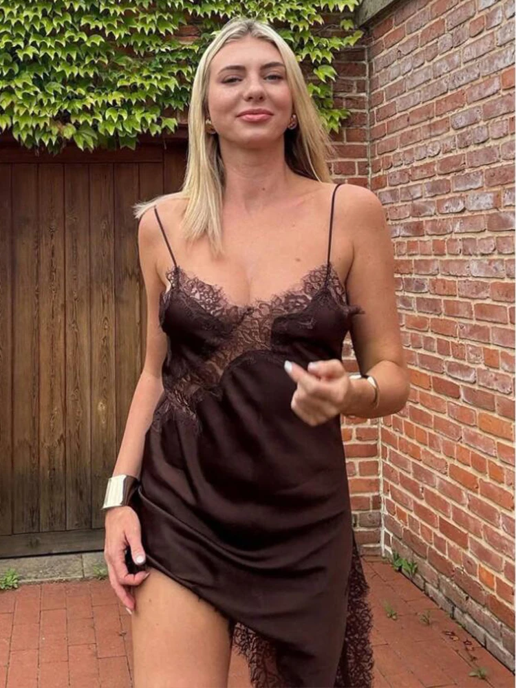 Satin Sexy Lace Spliced Short Sling Dress Women Sleeveless Backless Asymmetric Sexy Party Dresses 2026 Summer Lady Dress ﻿ 2