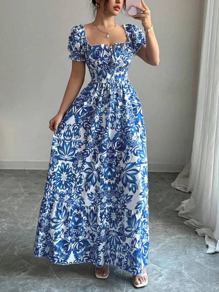 Women's Casual Dresses Puff Sleeve Floral Print Tie Front Dress  Boho Dress Vacation Beach Picnic Date Party Summer Dress 5