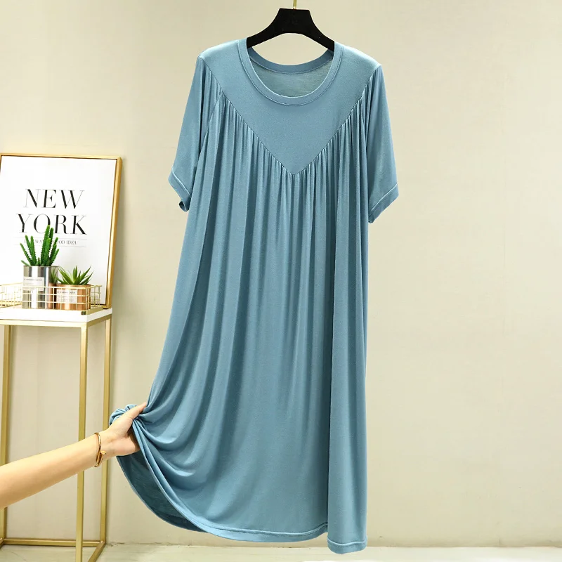 Loose plus Size Sp Dr Modal Women's Summer Thin Home Gown Skirt Sle round Ne ort Sve Long Dr Korean Sle 3