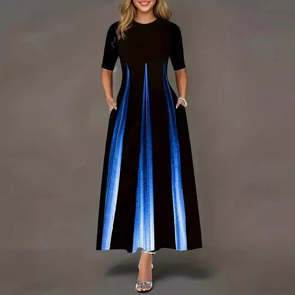 Summer new gradient vertical print dress with round neck, loose sleeves, slimming temperament, long skirt 4