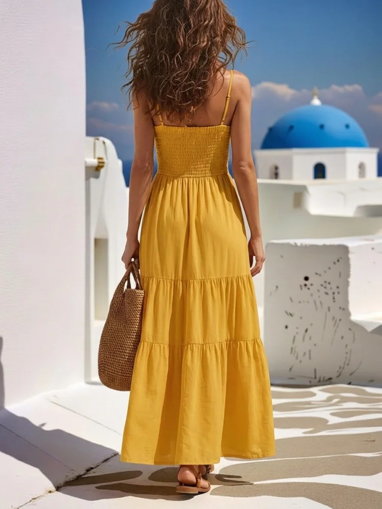 Spaghetti Strap Maxi Dress Square Neck Smocked Bodice Tiered Ruffle Skirt Fashion Outfit For Women Beach Vacation Daily Travel Casual Dating Stylish Garment 2