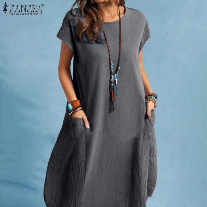ZANZEA Summer Casual Cotton Dress for Woman O-Neck Short Cap Sleeve Loose Cotton Knee-Length Dress Vacation Day Wear Robes Femme 3