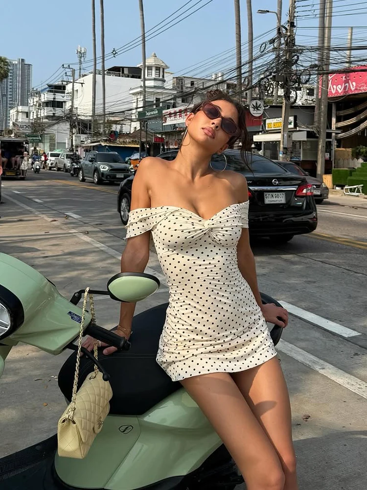Kliou Ruched Elegant Mini Dress Woman Polka Dot Print Slash Neck Backless Skinny Peach Buttocks Summer Street Y2K Style Bodycon 4