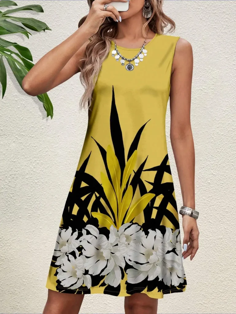 New Fashion Floral Pattern Women Mini Dresses Spring Summer Sleeveless 3D Flower Printing Street Ladies Dress Casual Dress 3