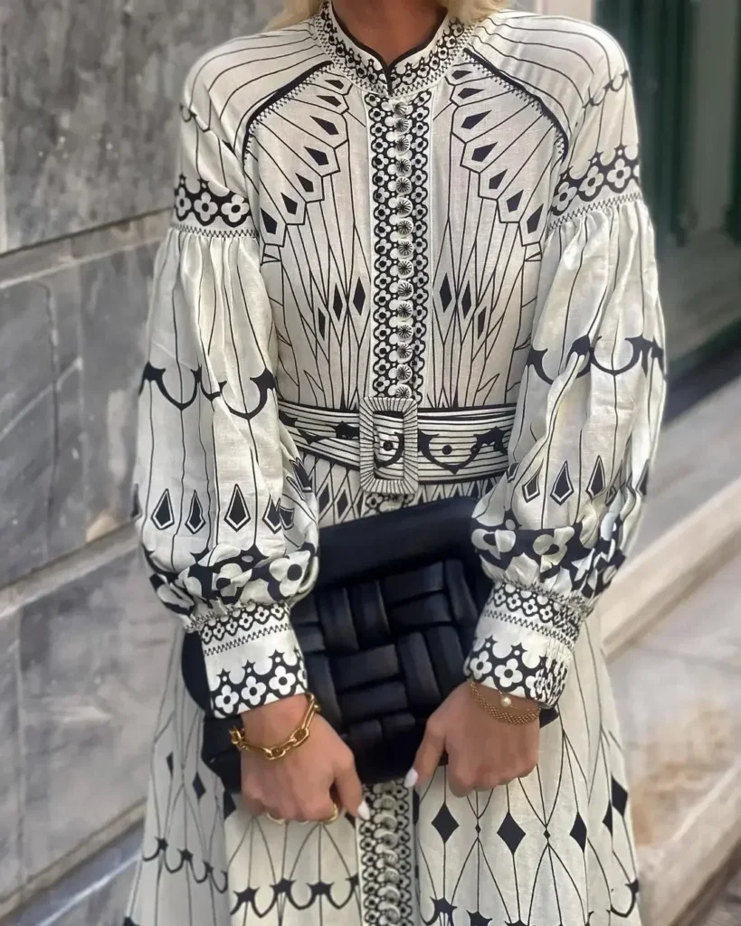 Retro Elegant Stand Collar Long Dress Women Spring Pattern Print Belted Buckle Party  Autumn  Sleeve A-Line Boho 3