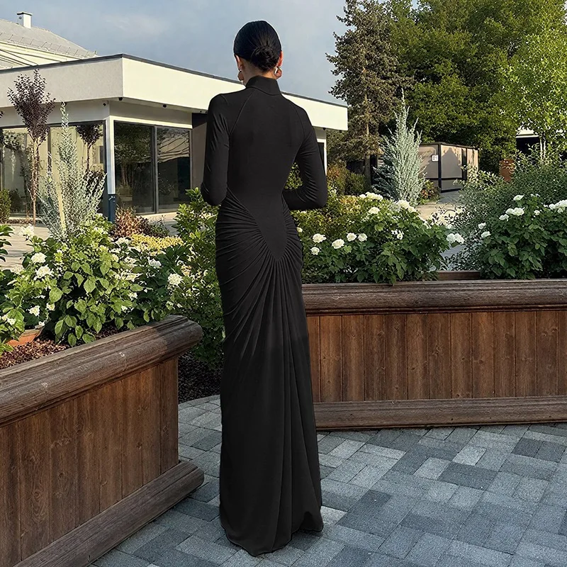 Elegant Solid Long Sleeve Backless Long Dress For Women Solid Skinny Elasticity Party Vestidos Bodycon Ruched Dress 2025 Winter 5