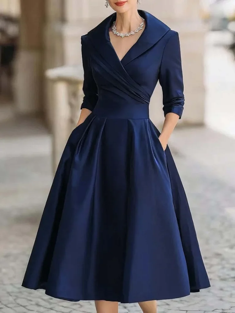 Women's Vintage V Neck Long Sleeve Wrap Waist A Line Midi Dress with Pockets 1