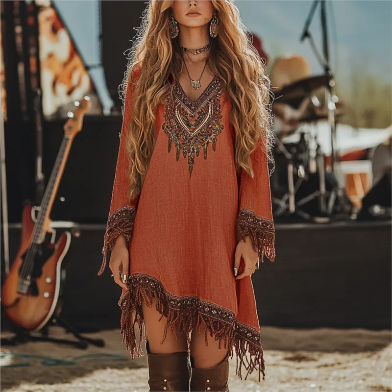 Fashion V Neck Long Sleeve Bohemian Dresses Vintage Pattern Printed Loose Short Dress New Spring Tassel Patchwork Women's Dress 5