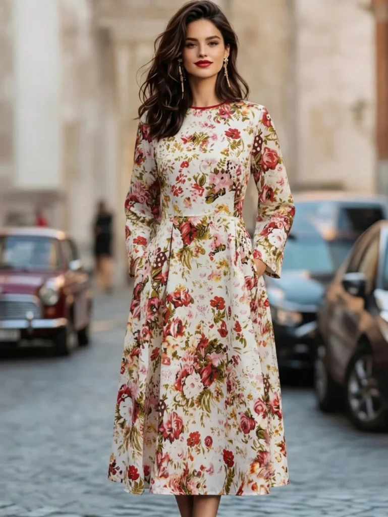 Women's Crew Neck Long Sleeve Midi Dress Floral Print Pleated Waist Flared A‑Line Knee Length Ladies Dress 2