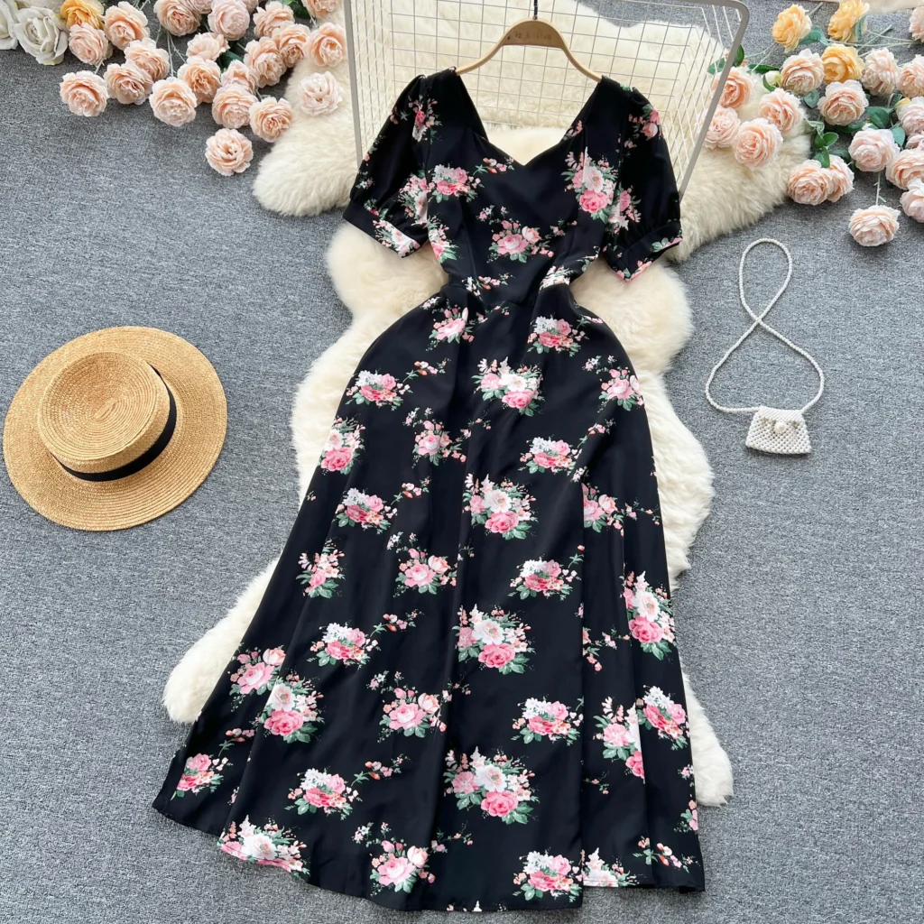 Sweet Style Square Collar Short-sleeve Print Contrast Color High Waist A-line Women's Dress 2024 Summer New Dresses 4