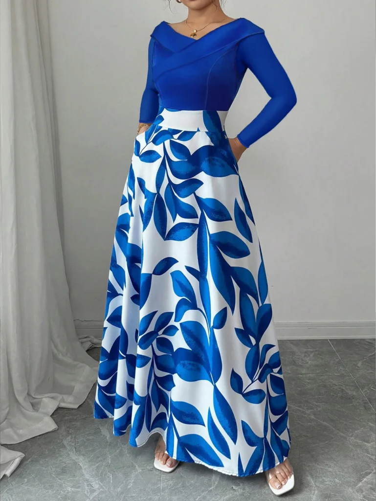 Women's Blue White Floral Maxi Dress Asymmetric Neckline Color Block Design Ideal for Evening Events Garden Parties Elegant Styl 5