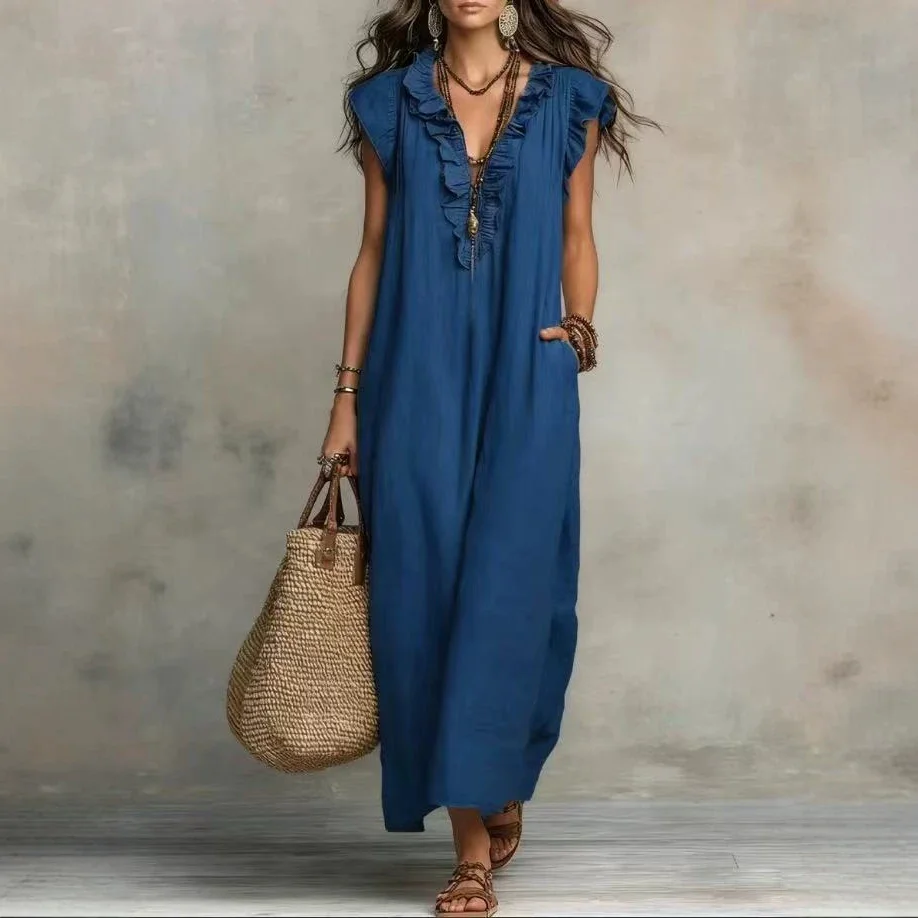 2026 Summer Women Boho Cotton Linen Maxi Dress Solid Color Ruffle V Neck Sleeveless Loose Long Dresses With Pockets Casual Beach 4