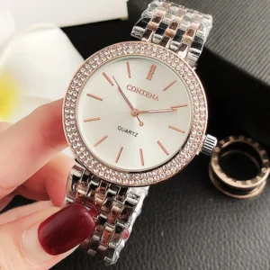 Contena Brand Luxury Women's Watch Fashion Rhinestones Stainless Steel Quartz Watch Simple Elegant Ladies Watch Reloj Mujer
