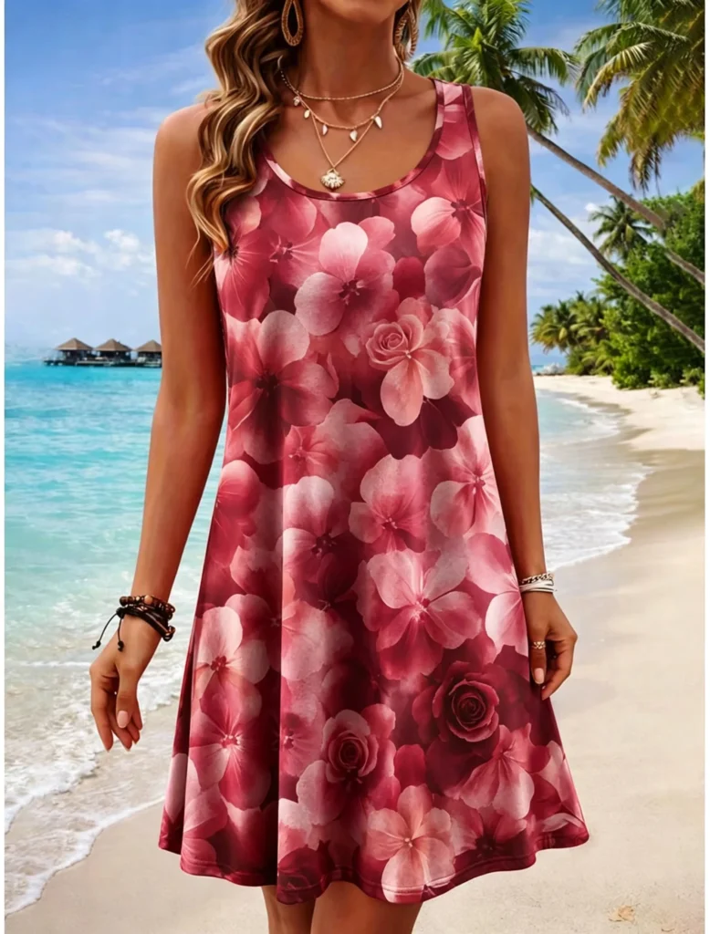Plus Size Women's Round Neck Sleeveless Tropical 3d Print Casual A-Line Mini Dress, Beach Tank Dresses for Spring & Summer 2