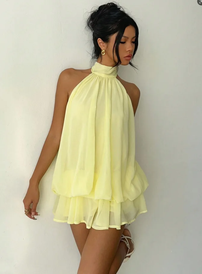 Women's Vacation Slim Fit Fashion Sexy Backless Halter Tie Waist Versatile Solid Color Dress, Stylish and Comfortable Summer 4