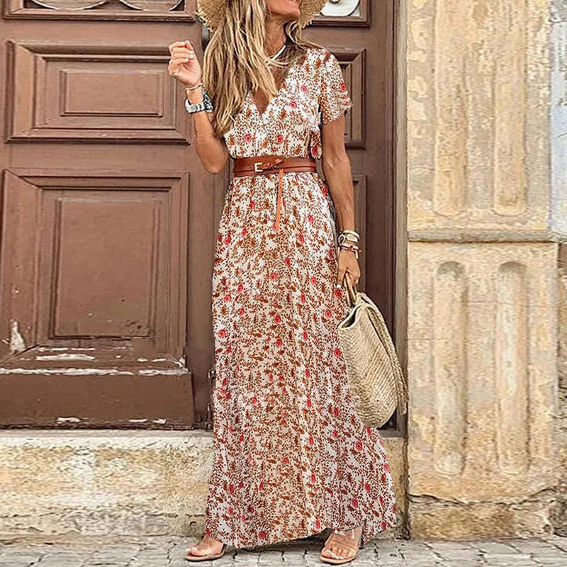 Elegant Floral Pleated H shaped Midi Dress Female V Neck Puff Sleeve Waist Ruched Button Dresses Women Summer Dress Robe 2