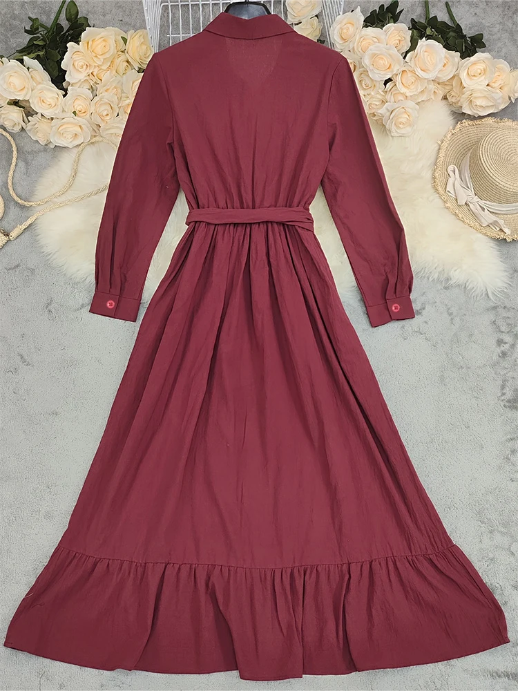 Fashionable women's burgundy deep V-neck long dress with a drawstring waist, textured fabric, vintage Bohemian casual style 2