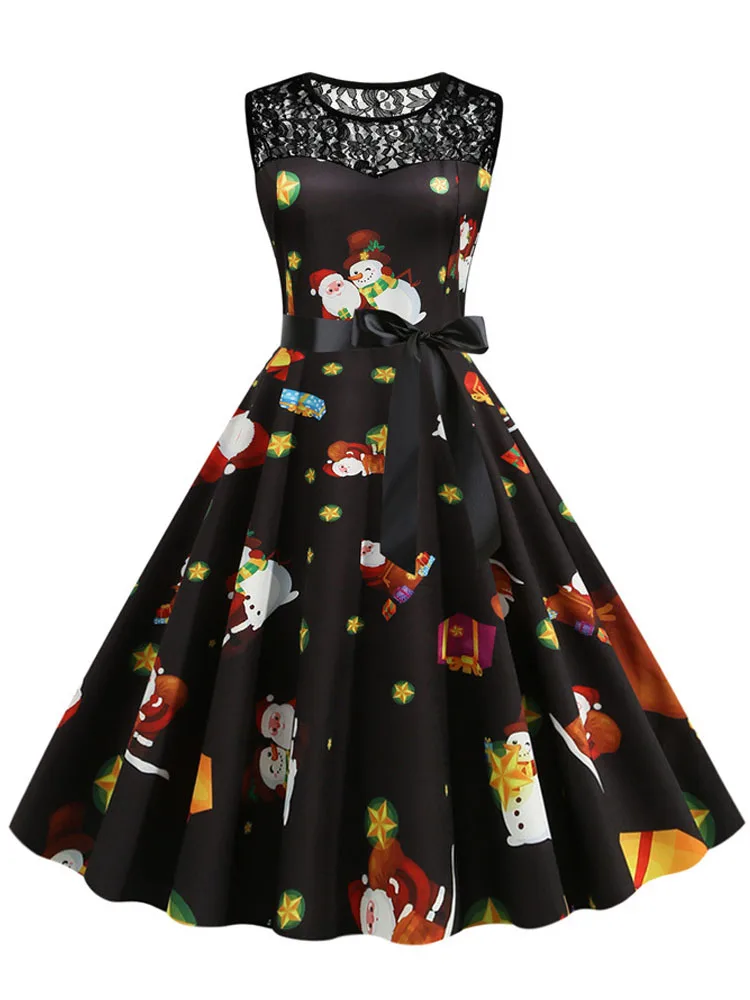 Elegant Vintage Women Christmas Dress Print Lace Patchwork Sleeveless O Neck High Waist Casual Party Costume Sundress 2