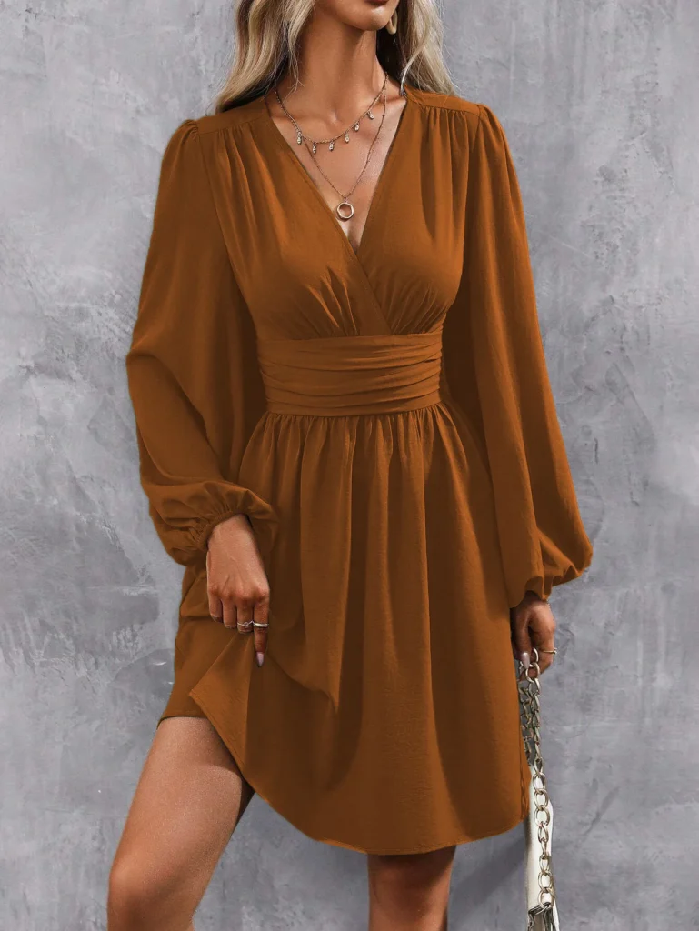 Dresses 2025 Woman Clothing V Neck Lantern Sleeve Wrap Mini Dress Ruched Waist Flowy Hem Elegant for Autumn and Party Styles ﻿ 2