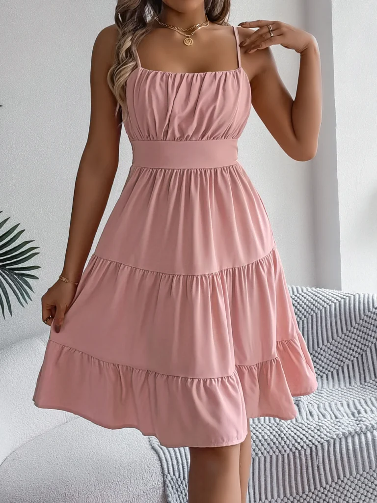 Casual Vacation Ruffled Camisole Dress Spring Summer Women's Solid Dresses for 2026 Valentine's Day Woman Clothing Pink Blue 1
