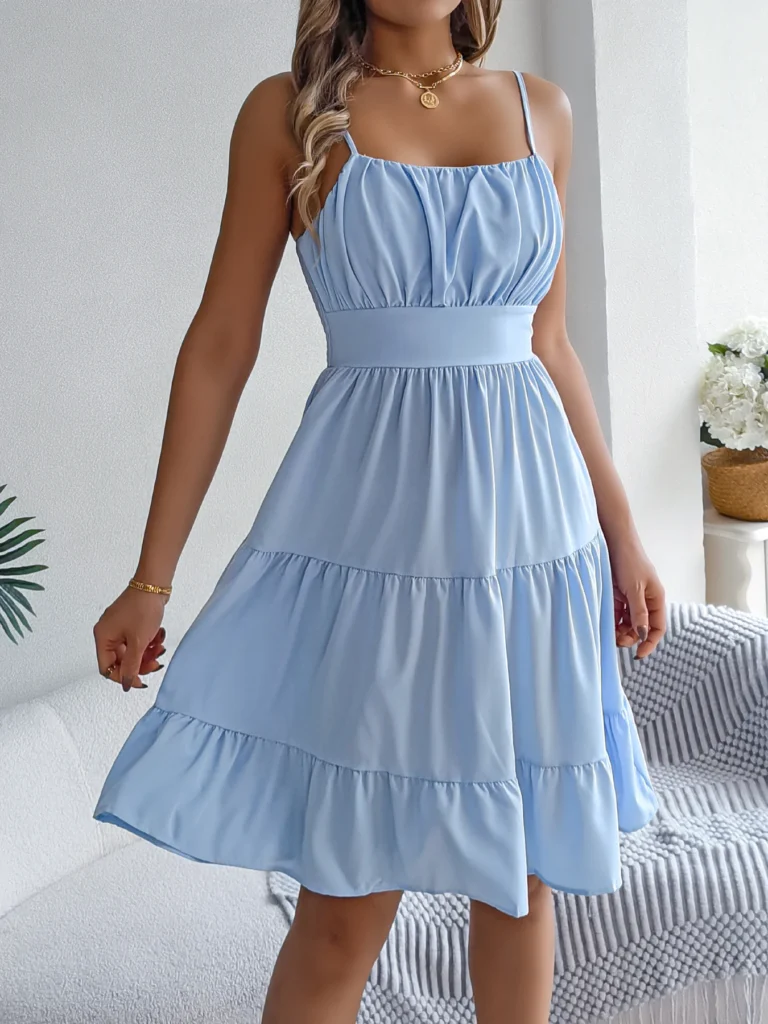 Casual Vacation Ruffled Camisole Dress Spring Summer Women's Solid Dresses for 2026 Valentine's Day Woman Clothing Pink Blue 3