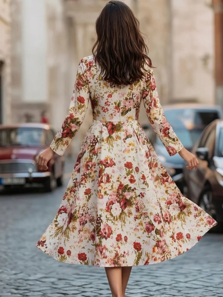 Women's Crew Neck Long Sleeve Midi Dress Floral Print Pleated Waist Flared A‑Line Knee Length Ladies Dress 4