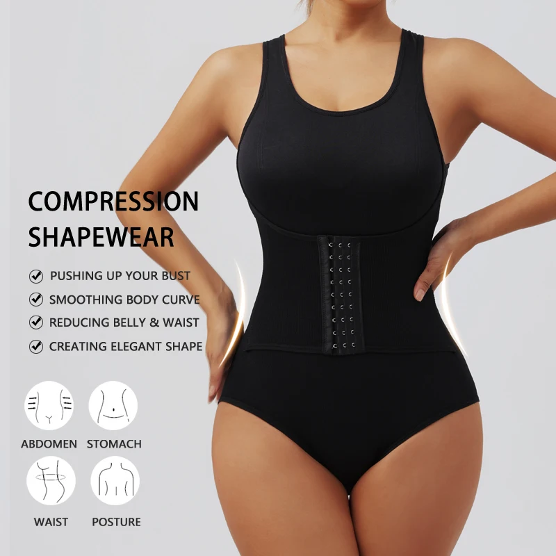 Women Bodysuit Shapewear with Zipper Belt Tummy Control Fajas Body Shaper Snap Crotch Waist Trainer Slimming Cincher Corset Tops 5