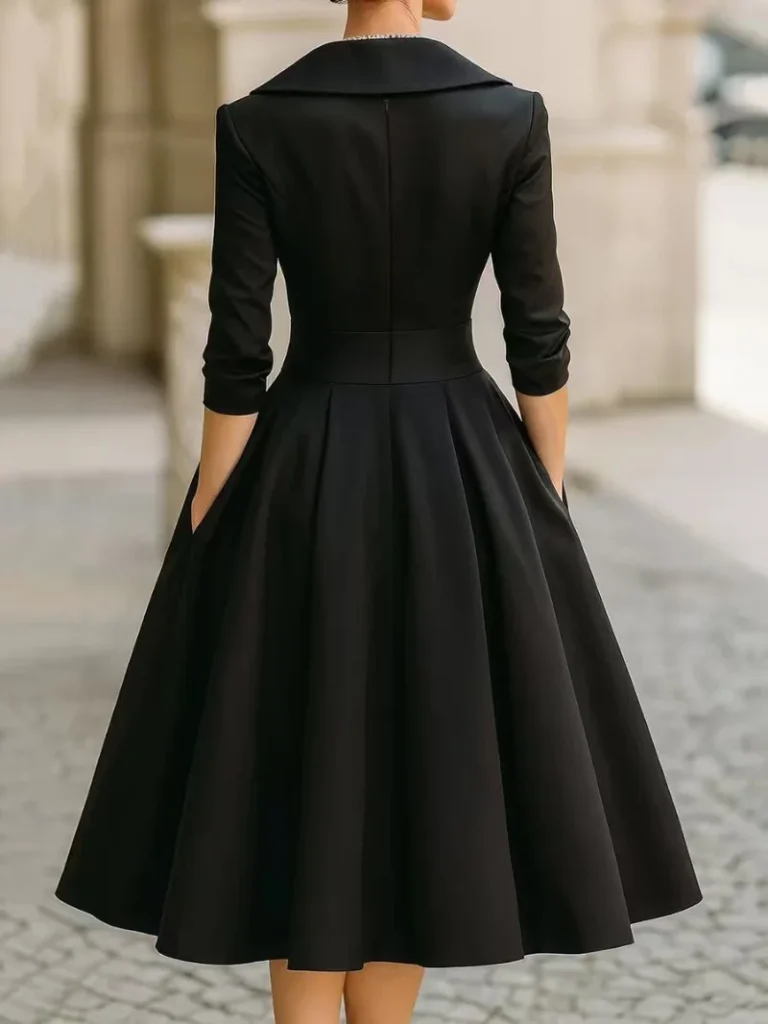 Women's Vintage V Neck Long Sleeve Wrap Waist A Line Midi Dress with Pockets 2