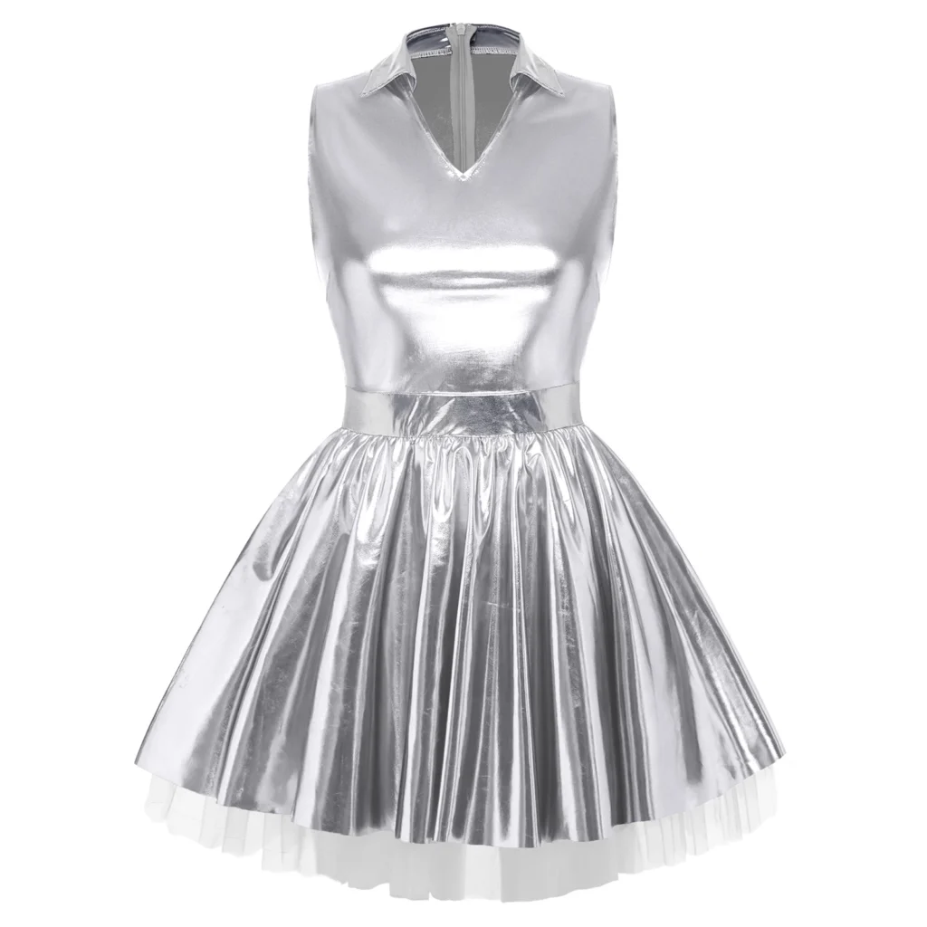Womens Adult Metallic Shiny Disco Bar Tutu Dress Lapel V Neck Sleeveless A-line Hem with Tulle Layers Retro Pleated Mini Dress 4