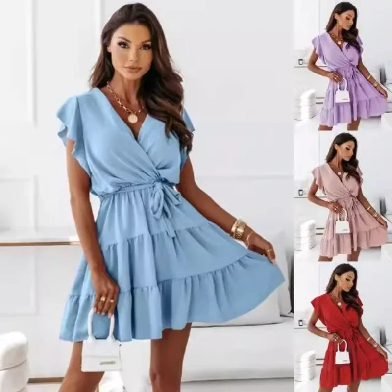 New Summer Women's Fashion Ladies Solid Color Elegant Short Sleeve  V-neck Dress A-line Dress 2