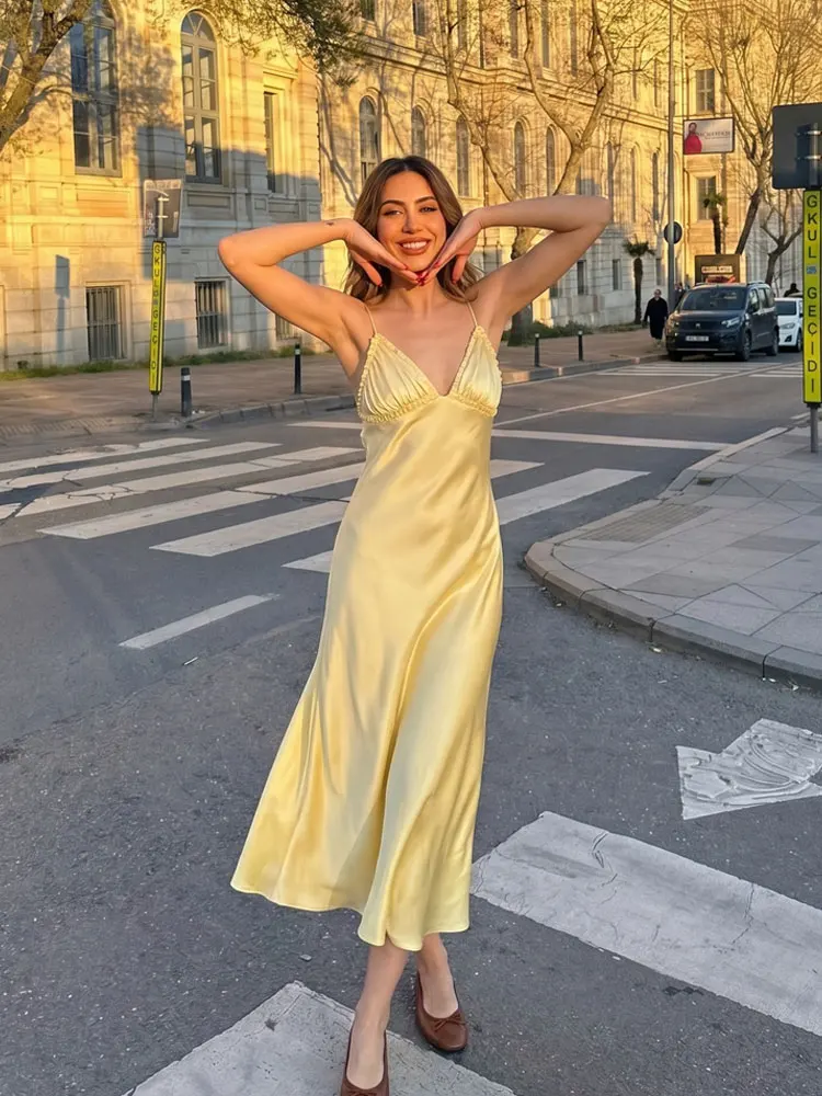 HH Women Backless Yellow Dresses Sleeveless V neck New fashion Elegant Satin Summer Dress Date Night Beach Dress For Women 3