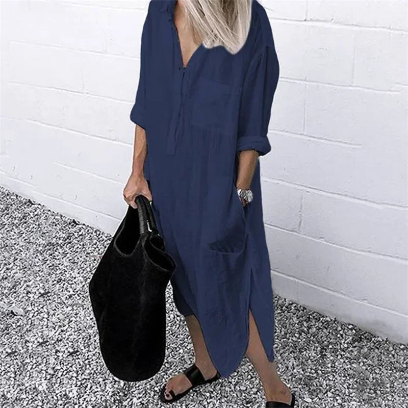 Women Elegant Cotton Linen Solid Color Dresses Summer Comfortable Female Casual Commuter Dress Multi-pocket Split Hem Loose Gown 2