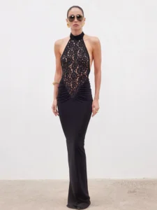 Lace Patchwork Dresses For Women Fashion Sexy Streetwear Solid Sleeveless Tank Sheath Hip Wrap Long Vestidos Robe Female Elegant