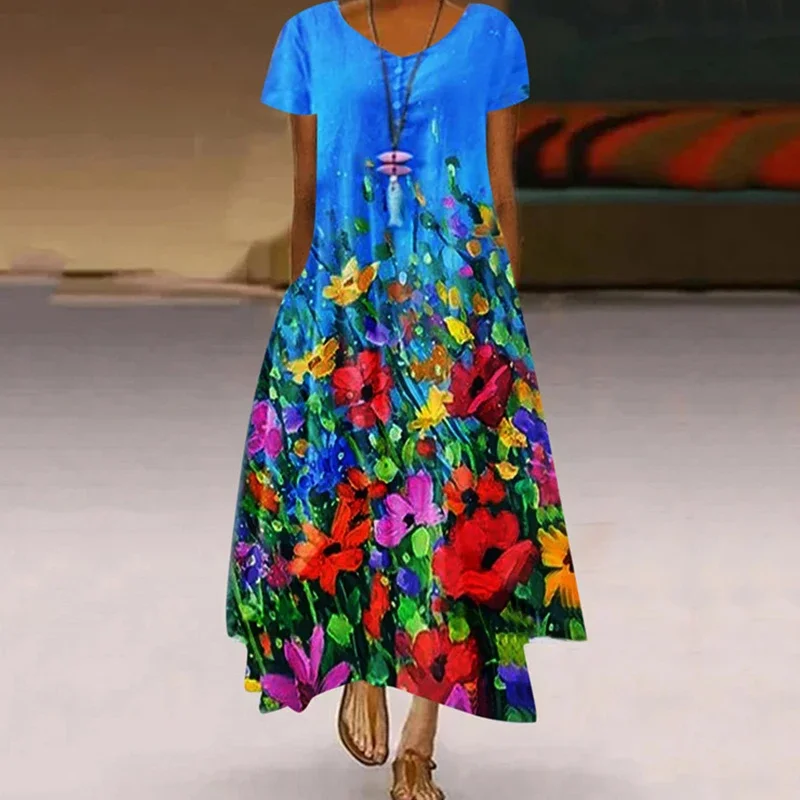 Women's Fashionable Dandelion Short Sleeved Dress Summer Casual Print Long Dress 4