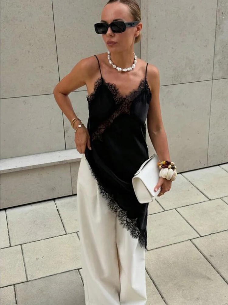 Satin Sexy Lace Spliced Short Sling Dress Women Sleeveless Backless Asymmetric Sexy Party Dresses 2026 Summer Lady Dress ﻿ 3