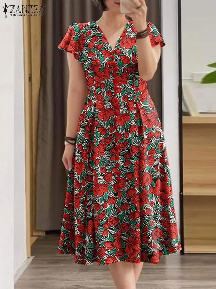 ZANZEA Elegant Women Floral Print Midi Dress Summer Casual Cinched Waist V Neck Party Vestidos Fashion Ruffles Short Sleeve Robe 3