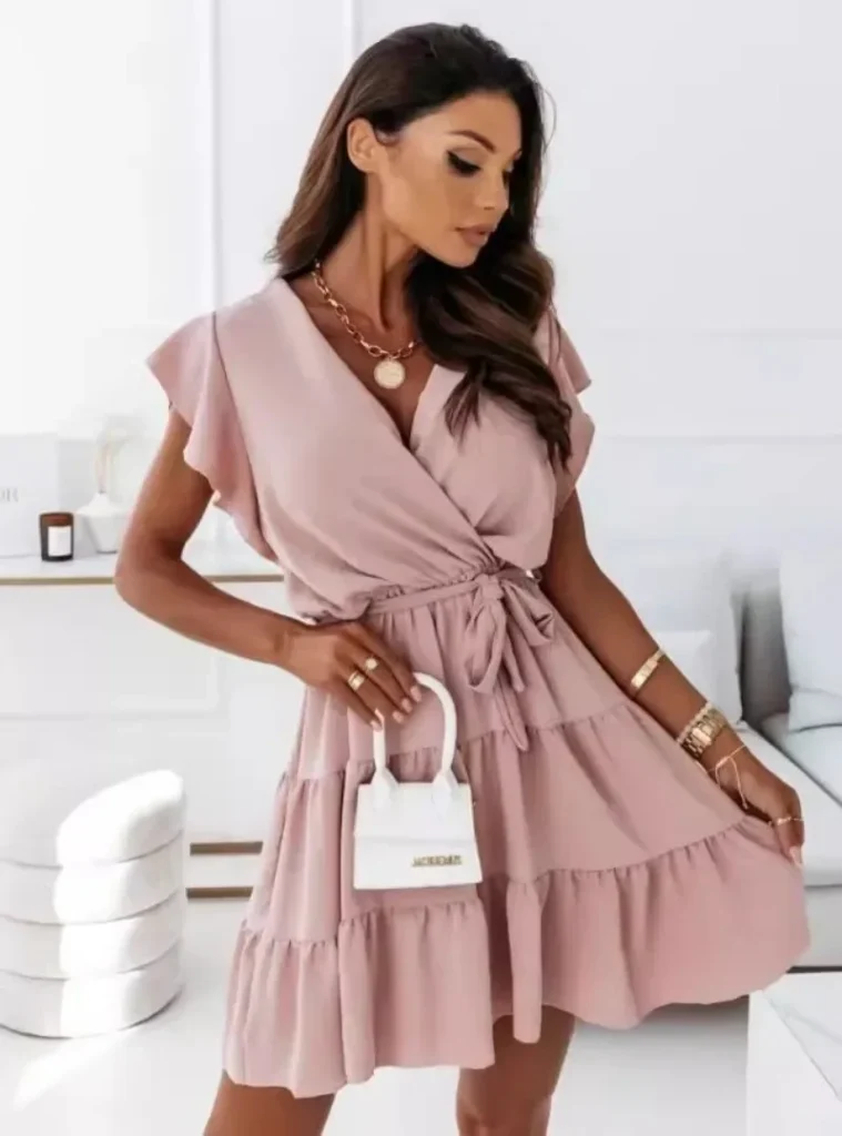 New Summer Women's Fashion Ladies Solid Color Elegant Short Sleeve  V-neck Dress A-line Dress 3