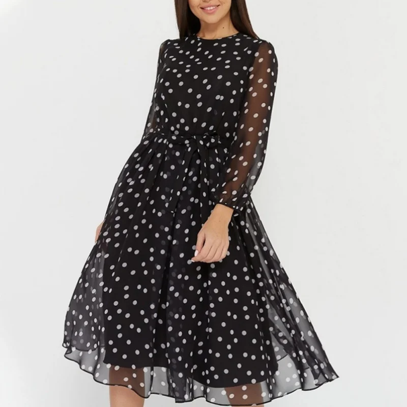 2026 Vintage Fashion Long Sleeve O-neck Chiffon Women Dress Autumn Polka Dot Print Elegant Dresses Spring Casual Evening Dress 4