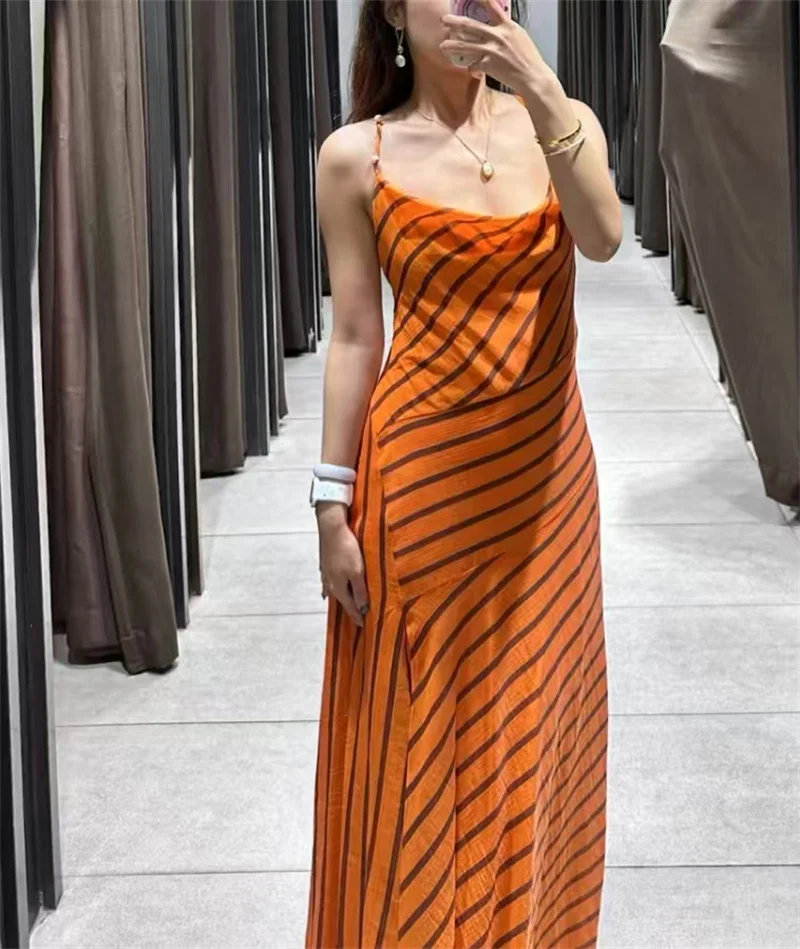 2026 Summer New Women's Dress Arrival Orange Striped Spaghetti Strap Sexy Maxi Dress Beach Vacation Casual Fashion Relaxed 4