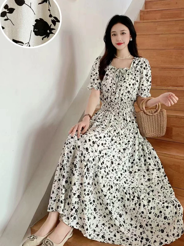 Summer New Cotton Silk Floral Print Maxi Dr ort Sve Beachwear High Waist Young Women's Large Skirt Swing Dr 2