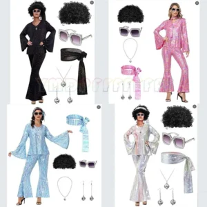 Women's Halloween Disco Party 70s Women's Disco Costume Set Top Pants Sunglasses Necklace Earrings Wig Cosplay Set 10 Color Sele