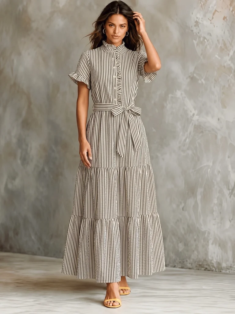 Vintage Striped Shirt Dress Women Elegant Ruffle Short Sleeve Button Belted A-Line Maxi Dress Spring Casual Office Party Robe Fe 5
