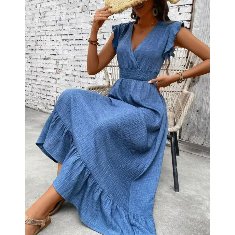 Women Maxi Dress 2026 New V Neck Denim Blue Long Dress Casual Loose Ruffle Hem Sundress for Summer Beach Vacation Daily Wear 3