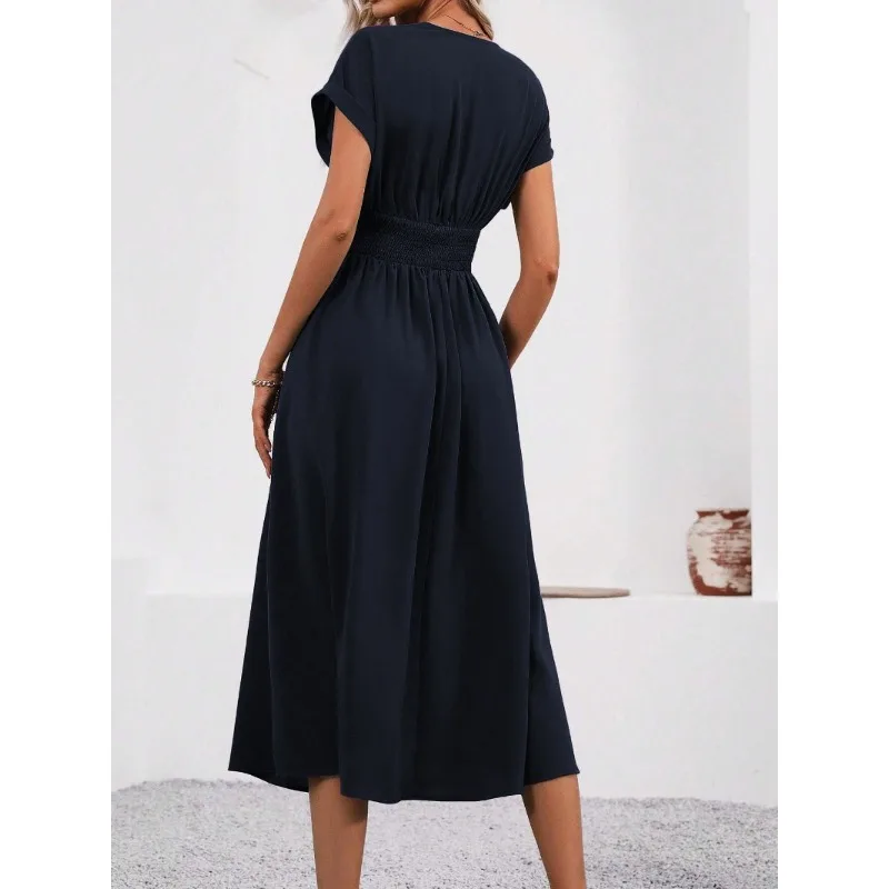 Dresses 2025 Woman Summer Solid-Color V-Neck Batwing-Sleeve Pleated Long Elegant Dress Woman Clothing Tops Skirts Y2k Clothes 6