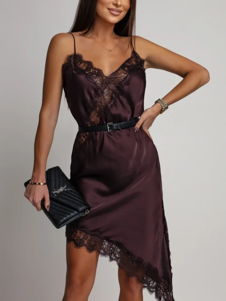 Women Dark Brown Satin Lace Slip Dress Spaghetti Strap V-Neck Asymmetrical Hem Elegant Party Cocktail Evening Dresses 3