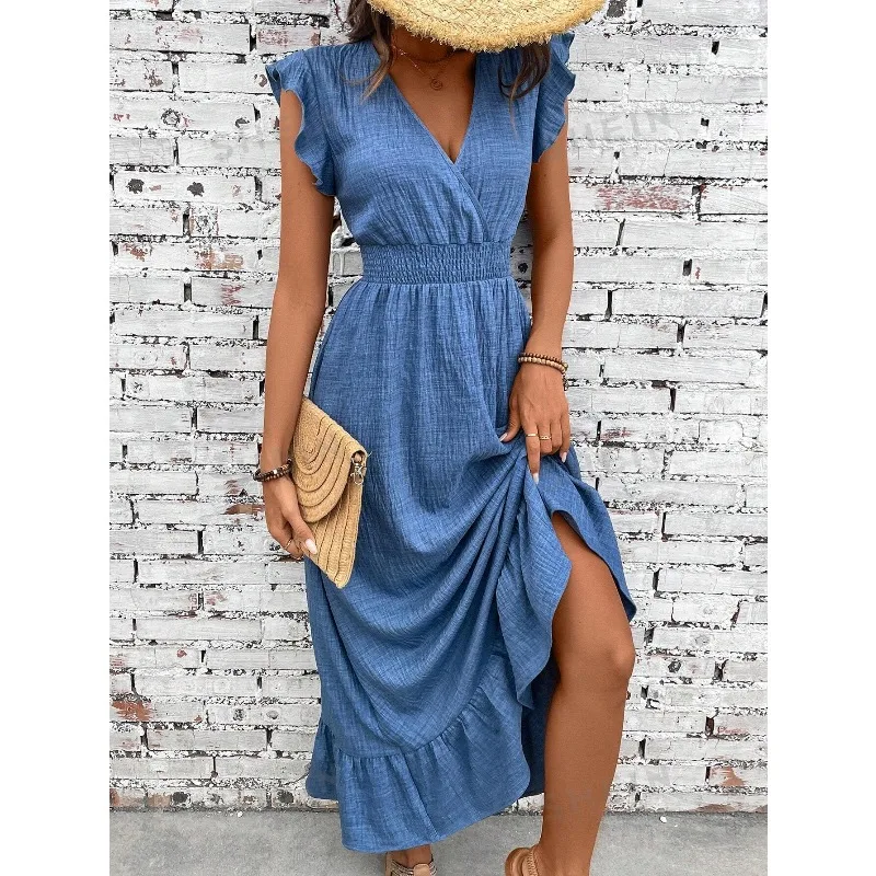 Women Maxi Dress 2026 New V Neck Denim Blue Long Dress Casual Loose Ruffle Hem Sundress for Summer Beach Vacation Daily Wear 2