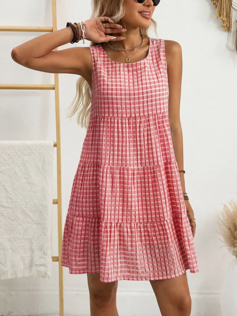 Women's Summer Short Plaid Ruffle Sleeveless Dress, Casual Loose Fit, Inner Lined, Multiple Colors Available, Perfect for Vacati 5